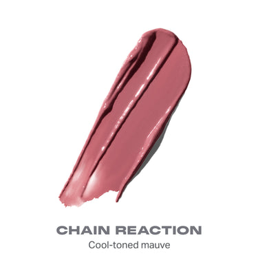 {Chain Reaction} Liplock Glossy Lipstick shade swatch in cool-toned mauve with text "CHAIN REACTION Cool-toned mauve."