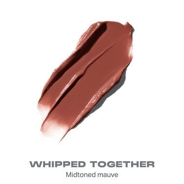 {Whipped Together} Liplock Glossy Lipstick shade smear in midtoned mauve with text "WHIPPED TOGETHER — Midtoned mauve."