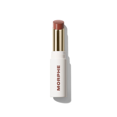 {Whipped Together} Morphe Liplock Glossy Lipstick in a warm mauve-nude bullet with gold collar and white MORPHE-branded cap, open silo view.
