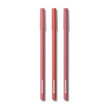 Best Selling Signature Lip Bundle Light — three closed MORPHE lip pencils in shades Bubble Bath, Dearest, and Girl Talk.