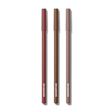 Three closed Morphe lip pencils in shades Rock Steady, Sugar Pie, and Trendsetter from the Best Selling Signature Lip Bundle Deep, each labeled MORPHE.