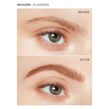 {Almond (warm brown)} SHADE: ALMOND — BEFORE and AFTER close-up showing Micro Brow Dual-Ended Pencil & Spoolie defining and filling sparse brows to full, defined arches.