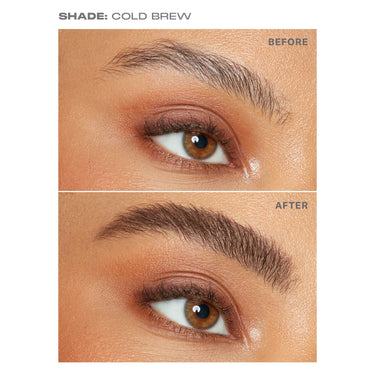 {Cold Brew (brown)} SHADE: COLD BREW — Morphe Micro Brow Dual-Ended Pencil & Spoolie BEFORE and AFTER eyebrow comparison showing fuller, defined brows.