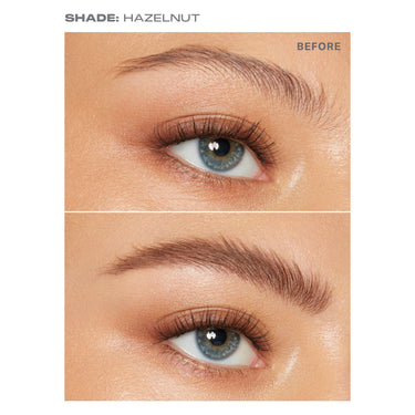 {Hazelnut (taupe)} SHADE: HAZELNUT before-and-after showing sparse brow labeled BEFORE and fuller defined brow with the Micro Brow Dual-Ended Pencil And Spoolie.