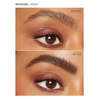 {Java (deep brown)} SHADE: JAVA before and after close-up showing sparse brows transformed to full, defined brows with the Micro Brow Dual-Ended Pencil and Spoolie.