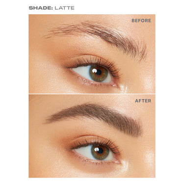 {Latte (soft brown)} Before-and-after eye shot showing SHADE: LATTE Micro Brow Dual-Ended Pencil & Spoolie transforming sparse brows to fuller, defined brows.