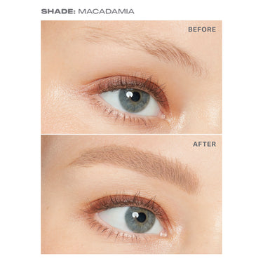 {Macadamia (light blonde)} SHADE: MACADAMIA before and after close-up showing fuller, defined brows using Micro Brow Dual-Ended Pencil & Spoolie — BEFORE and AFTER labels visible.