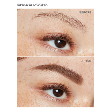{Mocha (rich brown)} SHADE: MOCHA before-and-after showing the Micro Brow Dual-Ended Pencil & Spoolie filling sparse brows into fuller, defined shape — BEFORE and AFTER.