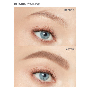 {Praline (light blonde)} SHADE: PRALINE before-and-after showing Morphe Micro Brow Dual-Ended Pencil & Spoolie transforming sparse brows to fuller, defined arches.