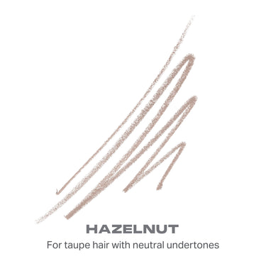 {Hazelnut (taupe)} Hazelnut Micro Brow Dual-Ended Pencil & Spoolie color swatches with text "HAZELNUT" and "For taupe hair with neutral undertones"