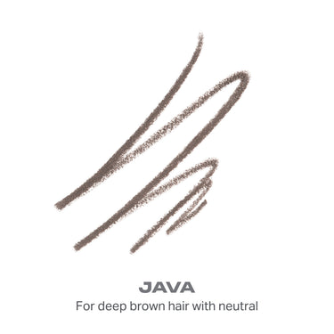 {Java (deep brown)} Micro Brow Dual Ended Pencil And Spoolie color swatch strokes in Java with text "JAVA For deep brown hair with neutral."