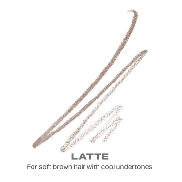 {Latte (soft brown)} Micro Brow Dual-Ended Pencil & Spoolie swatch in Latte shade showing LATTE and For soft brown hair with cool undertones