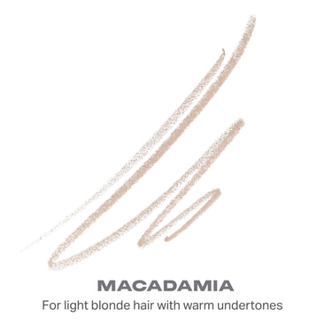 {Macadamia (light blonde)} Micro Brow Dual Ended Pencil And Spoolie swatch strokes in warm taupe with text "MACADAMIA — For light blonde hair with warm undertones."