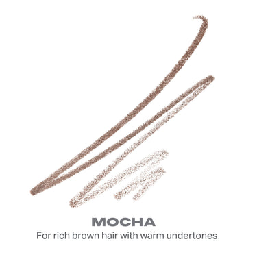 {Mocha (rich brown)} Micro Brow Dual-Ended Pencil & Spoolie color swatches in Mocha, labeled For rich brown hair with warm undertones