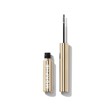 {Clear} Morphe Micro Manager Gripping Brow Gel in an open gold tube labeled "MORPHE" with a dual-sided spoolie and precision brush wand. | Micro Manager Gripping Brow Gel