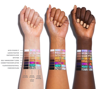 {Committed/Conflicted} Arm swatches of Morphe Mixed Signals Dual-Ended Cream & Liquid Shadow Stick in eight shades — Into It/Over It, Lover/Fighter, Partner/Player, BFF/FWB, Self Aware/Don