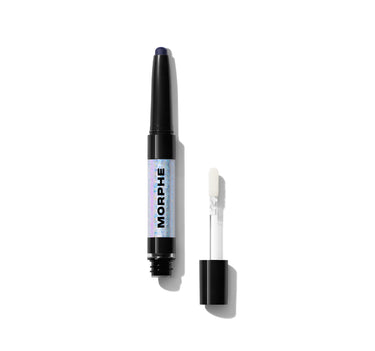 {Flirtatious/Faithful} Morphe Mixed Signals Dual-Ended Cream & Liquid Shadow Stick open, showing deep navy cream end and liquid applicator wand, with iridescent "MORPHE" label.
