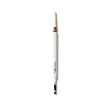 {Almond} Morphe Nano Brow Pencil in Almond shade: white barrel printed with MORPHE, almond-brown tip, and dual spoolie end. | Nano Brow Pencil