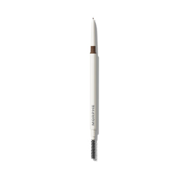 {Cold Brew} Morphe Nano Brow Pencil in Cold Brew open, showing white barrel printed with MORPHE, bronze shade band, ultra-fine tip, and spoolie end.