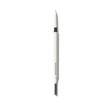 {Java} Morphe Nano Brow Pencil in Java, white barrel printed MORPHE, dark brown micro-tip and color band, with spoolie brush at base.