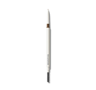 {Latte} Morphe Nano Brow Pencil in Latte open view showing white barrel with MORPHE wordmark, exposed warm brown micro-tip, and spoolie end.