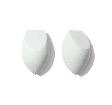 Morphe One Done Mini Sponge Duo featuring two white mini makeup sponges with flat-top and pointed-tip shapes on a white background. | One & Done Mini Makeup Sponge Duo