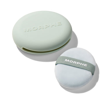 Morphe All Set Touchup Powder Puff with sage green clamshell case engraved MORPHE and white puff with sage elastic band labeled MORPHE. | All Set Touch-Up Powder Puff