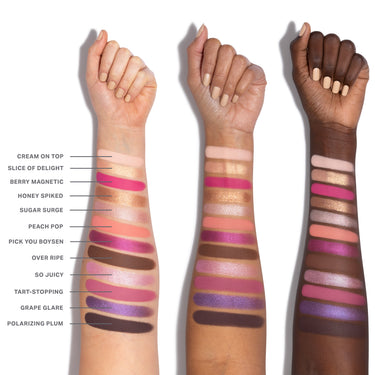 {Electric Currant} Chromaplus 12 Pan Eyeshadow Palette arm swatches on three skin tones showing all 12 shades: Cream On Top, Slice Of Delight, Berry Magnetic, Honey Spiked, Sugar Surge, Peach Pop, Pick You Boysen, Over Ripe, So Juicy, Tart-Stopping, Grape Glare, Polarizing Plum.