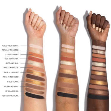 {Flickering Sands} Chromaplus 12 Pan Eyeshadow Palette arm swatches on three skin tones: Call Your Bluff, Totally Toasted, Flying Sparks, Sol Searcher, Sizzling Sun, Haute Horizon, Rich Illusions, Well-Grounded, Gold Flare, So Sedimental, It