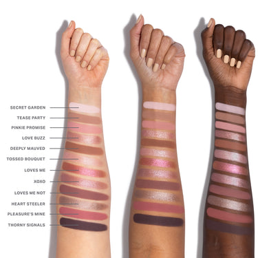 {Rose Frequency} Chromaplus 12 Pan Eyeshadow Palette arm swatches on three skin tones showing all 12 shades: Secret Garden, Tease Party, Pinkie Promise, Love Buzz, Deeply Mauved, Tossed Bouquet, Loves Me, XOXO, Loves Me Not, Heart Steeler, Pleasure