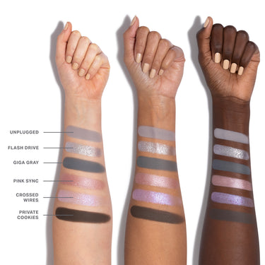 {Cyber Chrome} Chromaplus 6 Pan Eyeshadow Palette arm swatches — UNPLUGGED, FLASH DRIVE, GIGA GRAY, PINK SYNC, CROSSED WIRES, PRIVATE COOKIES — shown on three skin tones.