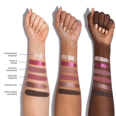{Love Byte} Chromaplus 6 Pan Eyeshadow Palette arm swatches on three skin tones showing shades Champagne Hookup, Wine & Shine, Virtual Romance, Darling Domain, Eyeing You, and Unfiltered Feelings.