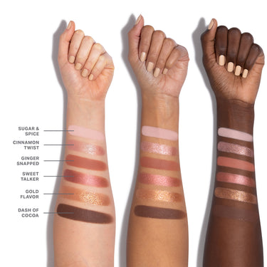 {Outer Spice} Chromaplus 6 Pan Eyeshadow Palette arm swatches on three skin tones showing shades Sugar & Spice, Cinnamon Twist, Ginger Snapped, Sweet Talker, Gold Flavor, and Dash of Cocoa.