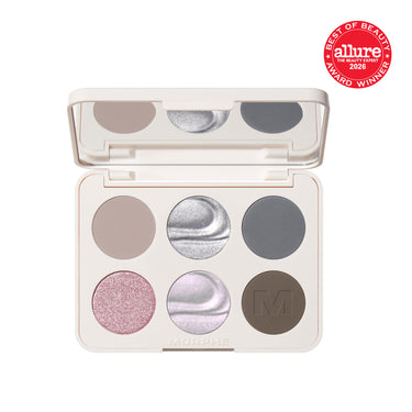 {Cyber Chrome} Morphe ChromaPlus 6-Pan Eyeshadow Palette open: cream compact labeled MORPHE with six matte and metallic shades in taupe, silver, slate, rose glitter, lilac, and smoky brown with M emboss.