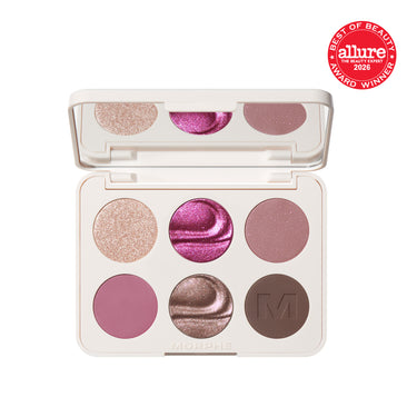 {Love Byte} Open Morphe ChromaPlus 6 Pan Eyeshadow Palette with champagne shimmer, hot pink foil, dusty rose glitter, mauve matte, bronze foil, and brown matte with engraved M; MORPHE printed on base.