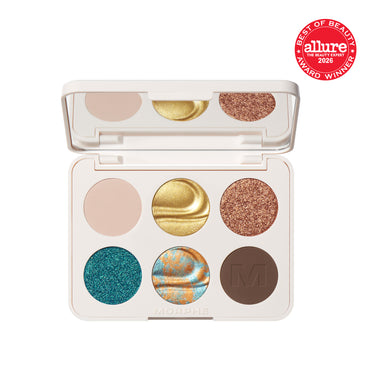 {Python Code} Morphe ChromaPlus 6-Pan Eyeshadow Palette open compact showing cream matte, gold foil, rose copper glitter, teal glitter, teal-orange duochrome, and brown matte pans with MORPHE engraved on base.
