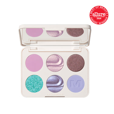 {Sky Fi} Morphe Chromaplus 6 Pan Eyeshadow Palette open in cream case with lavender matte, pink shimmer, brown glitter, teal glitter, silver shimmer, and periwinkle matte shades; MORPHE engraved on pan.