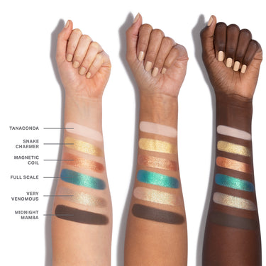 {Python Code} Chromaplus 6 Pan Eyeshadow Palette arm swatches on three skin tones showing shades Tanaconda, Snake Charmer, Magnetic Coil, Full Scale, Very Venomous, and Midnight Mamba.
