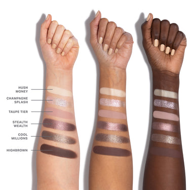 {Rich Glitch} Chromaplus 6 Pan Eyeshadow Palette arm swatches on three skin tones: Hush Money, Champagne Splash, Taupe Tier, Stealth Wealth, Cool Millions, Highbrown.