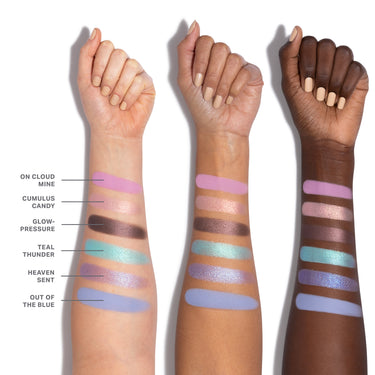 {Sky Fi} Chromaplus 6 Pan Eyeshadow Palette arm swatches on three skin tones showing On Cloud Mine, Cumulus Candy, Glow-Pressure, Teal Thunder, Heaven Sent, and Out of the Blue.