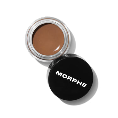 {Biscotti (light taupe)} Morphe Supreme Brow Sculpting and Shaping Wax open glass jar showing warm brown wax, black lid labeled MORPHE.