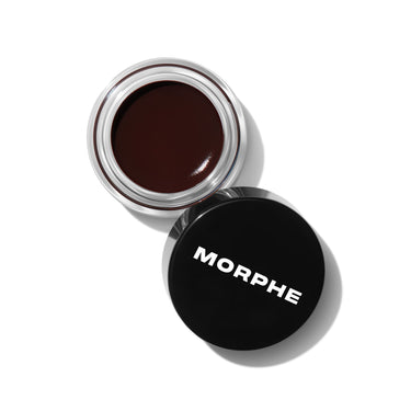 {Chocolate Mousse (soft black)} Morphe Supreme Brow Sculpting And Shaping Wax open clear glass jar with deep brown wax, black lid labeled MORPHE.