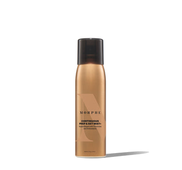 {Regular - 2.8 Oz} Morphe Continuous Prep & Set Mist+ spray can labeled "CONTINUOUS PREP & SET MIST+ Supercharged with Ceramides and Antioxidants" Net Wt 79.4 g / 2.8 oz. | Continuous Prep & Set Mist+ | Secondary image