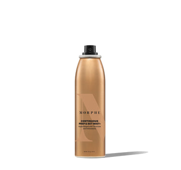 Morphe Continuous Prep & Set Mist+ gold aerosol spray can labeled "CONTINUOUS PREP & SET MIST+ Supercharged with Ceramides and Antioxidants" Net Wt 79.4 g / 2.8 oz.