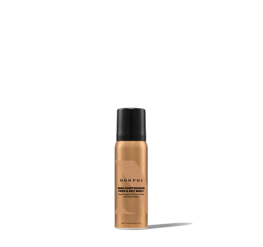 {Mini - 1.3 Oz} Morphe Mini Continuous Prep & Set Mist+ gold spray can labeled "Supercharged with Ceramides and Antioxidants," Net Wt. 38.8 g / 1.3 oz. | Continuous Prep & Set Mist+