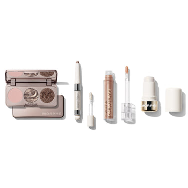 Dazzling Metallics Silver Bundle featuring MORPHE eye compact with M-engraved shimmer pans, MORPHE dual-ended eye pencil, MORPHE DRIPGLASS DAZZLED lip gloss, and MORPHE highlighter stick. | Dazzling Metallics Silver Bundle