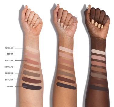 {Setlist} Solo Artist Priming Cream Eyeshadow arm swatches — AIRPLAY, DEBUT, MELODY, MIXTAPE, CHORUS, SETLIST, REMIX — shown across three skin tones.