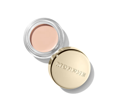 {Airplay} Morphe Solo Artist Priming Cream Eyeshadow open clear jar with soft peachy-nude cream and gold lid embossed MORPHE. | Solo Artist Priming Cream Eyeshadow