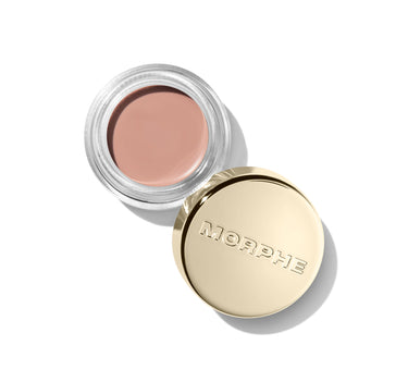 {Debut} Open jar of Morphe Solo Artist Priming Cream Eyeshadow in peachy nude, clear glass body with gold cap embossed MORPHE