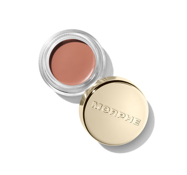 {Melody} Morphe Solo Artist Priming Cream Eyeshadow open jar showing warm mauve-nude cream with gold MORPHE-embossed lid beside it.